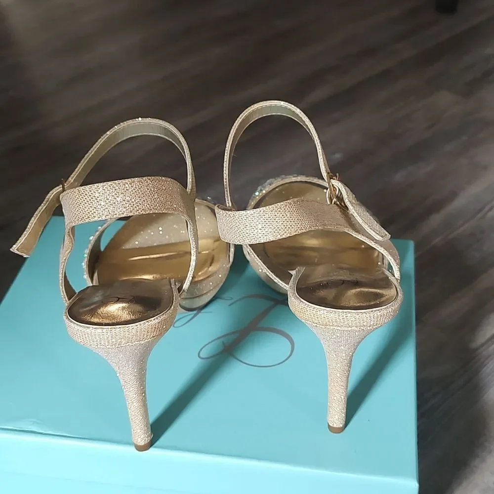 Lauren  Lorraine Lida Nude  gold sequin heels Christmas party wedding Sz 9